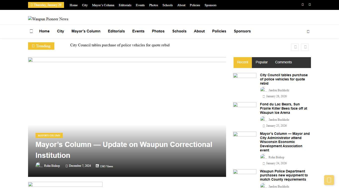 Mayor’s Column — Update on Waupun Correctional Institution – Waupun Pioneer News